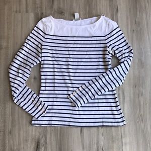 Boatneck 3/4 sleeve. Blue stripes, brass buttons
